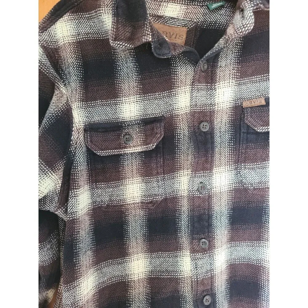 Orvis Plaid Heavyweight Shirt Shacket MEDIUM Brown Black‎ Outdoors Grandpa Cabin